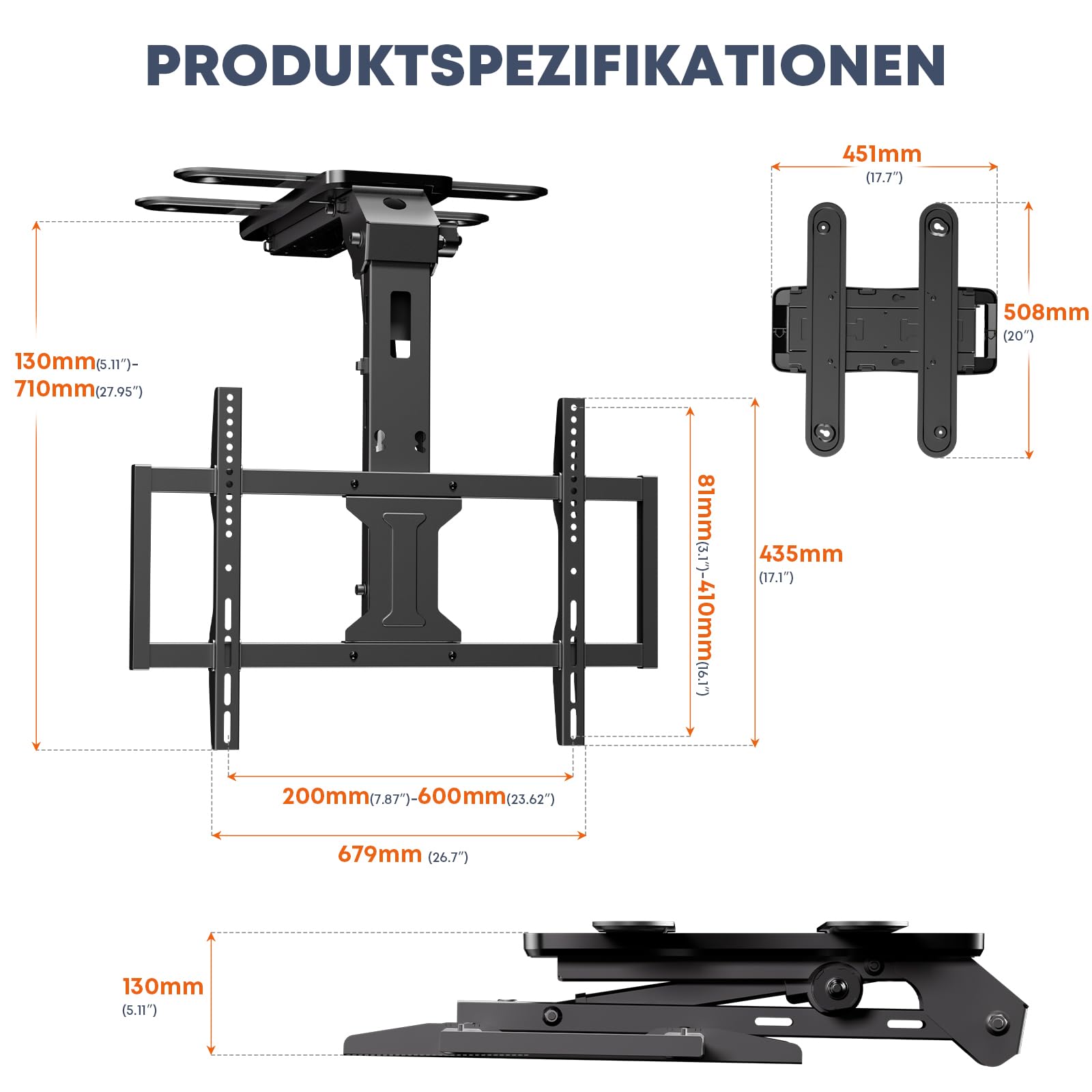 TV-Deckenhalterung Elektrisch für 37-75 Zoll - TV Halterung Decke Elektrisch Klappbar, Neigbar, Mit Fernbedienung, Belastung bis 45 KG, Schwarz