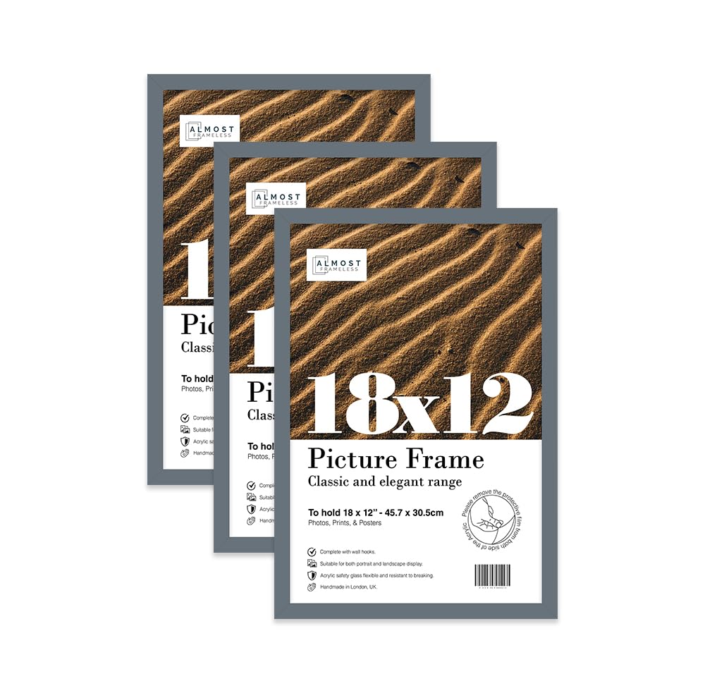 Almost Frameless 18x12 Grey Picture Frame Set of 3, Display 18x12 Picture Gallery Wall, Poster, Photo, Artwork, or Print, Yellow