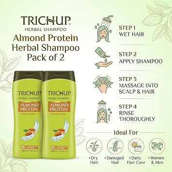 TRICHUP Herbal Almond Protein Shampoo for Hair Fall Control Sulfate Free Anti Hairfall Shampoo for Dry Damaged Hair, Frizz Control & Strong Hair Women & Men | 6.76 fl oz (Pack of 2)