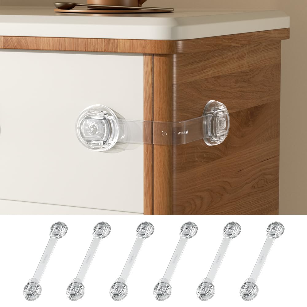 EUDEMON 6 Pack Updated Child Proof Multi-Purpose Lock, Multi-Use Straps Locks, Baby Safety Cabinet Lock Latch for Furniture, Drawers, Cupboards, Fridges, Toilet Seats, Easy to Install (Transparent)