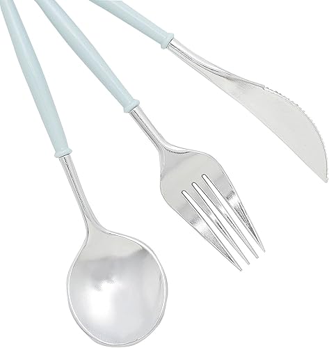 Miniatura 2 de 24 cubiertos de plástico plateado Silverwar con mango azul  cubiertos desechables de peso pesado incluye 8 tenedores, 8 cucharas, 8 cuchillos.