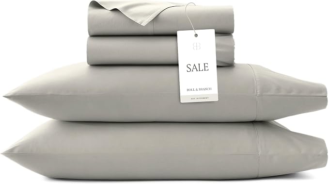 BOLL & BRANCH Signature Hemmed Sheet Set - Queen, Mist - Luxury 100% Organic Cotton - Includes 1 Flat, 1 Fitted, 2 Pillowcases - Buttery Soft