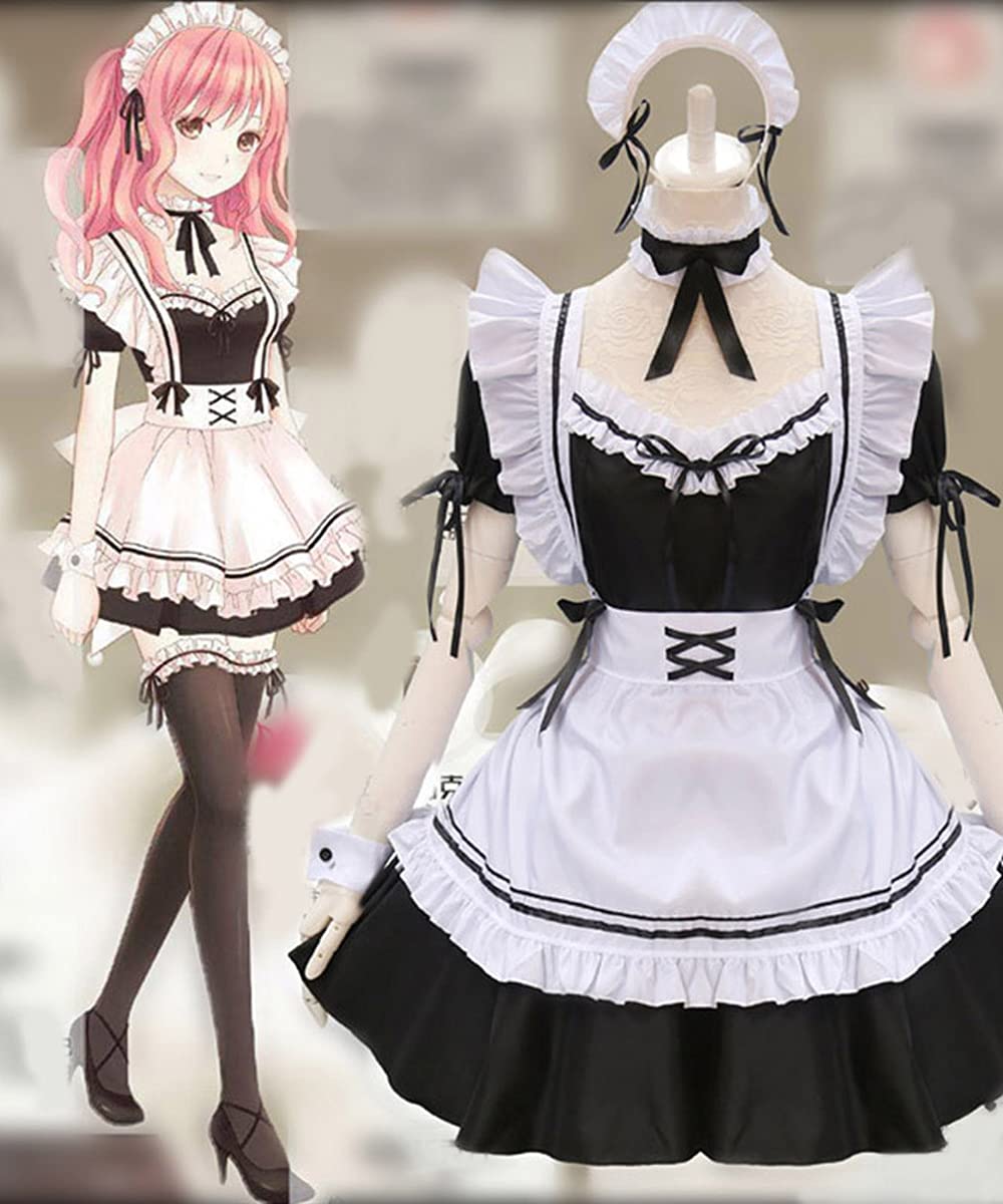 Anime French Maid Dress Niedliche Maid Cosplay Kleid für Halloween Maid Kostüm Outfit Set Schwarz, Größe L