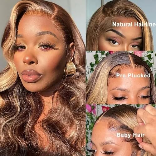 Honey Blonde Ombre Lace Front Wig Human Hair Pre Plucked, 4/27 Highlight Hd Transparent Lace Frontal Wigs With Baby Hair 150% Density 13X4 Body Wave Colored Human Hair Lace Front Wigs For Black Women 26 Inch #TOP2