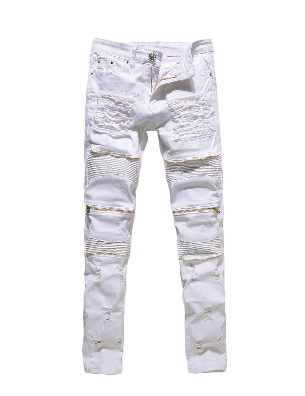 RexcyrilMen's Moto Biker Jeans Distressed Ripped Skinny Slim Fit Denim Pants with Zippers