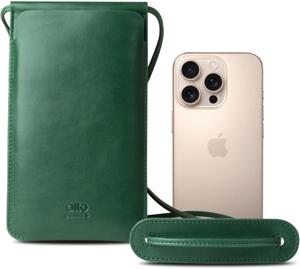 alto Leather Phone Purse Case, Italian Leather Crossbody Cellphone Bag with Card Holder, Pocket, Shoulder Strap, for Men and Women, fits iPhones and Android Phones up to 6.8 inches (Forest Green)