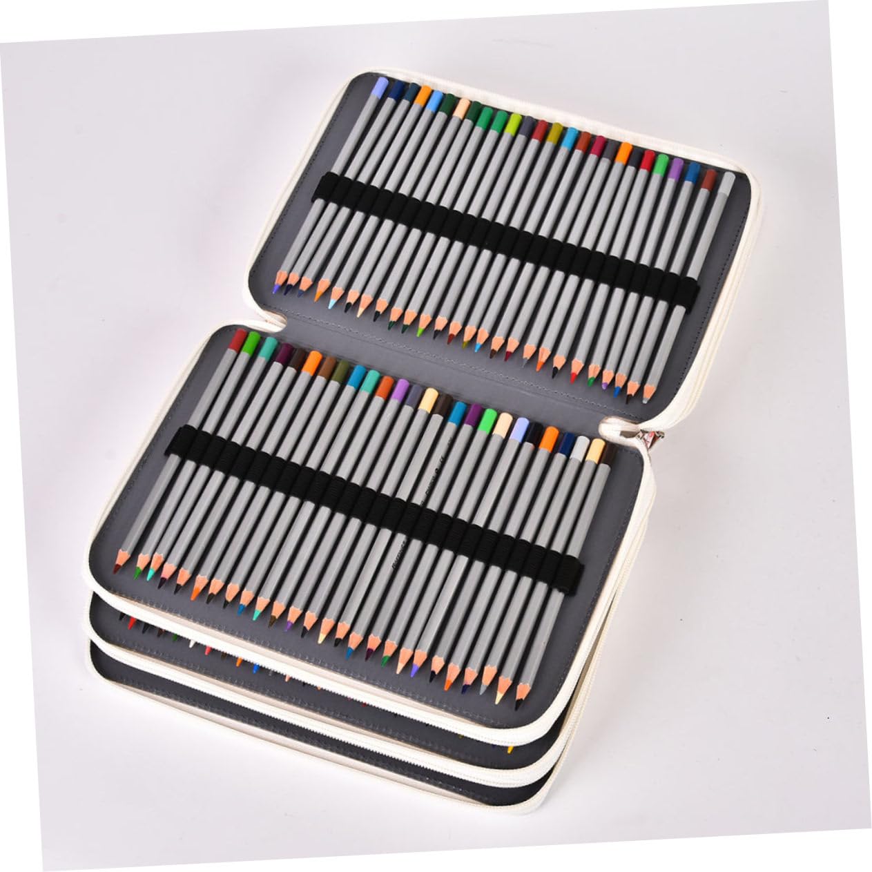 NUOBESTY Astuccio Portamatite Multistrato 252 Scomparti Maniglia | Pouch per Cancelleria Beige, Chiusura a Cerniera in Pu Poliestere, Elastico Interno per Ogni Matita Festa Scuola Decor