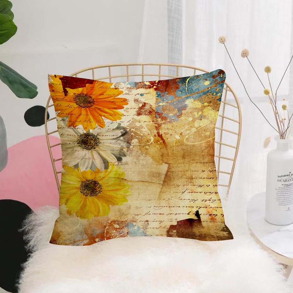 HYMSXW Cushion Cover,Throw Pillow Case Home Decorative for Living Room Bedroom Sofa Chair 20X20 Inch,Grunge flowers and orange yellow daisy poetry lettering art g,Pillowcase 50X50cm
