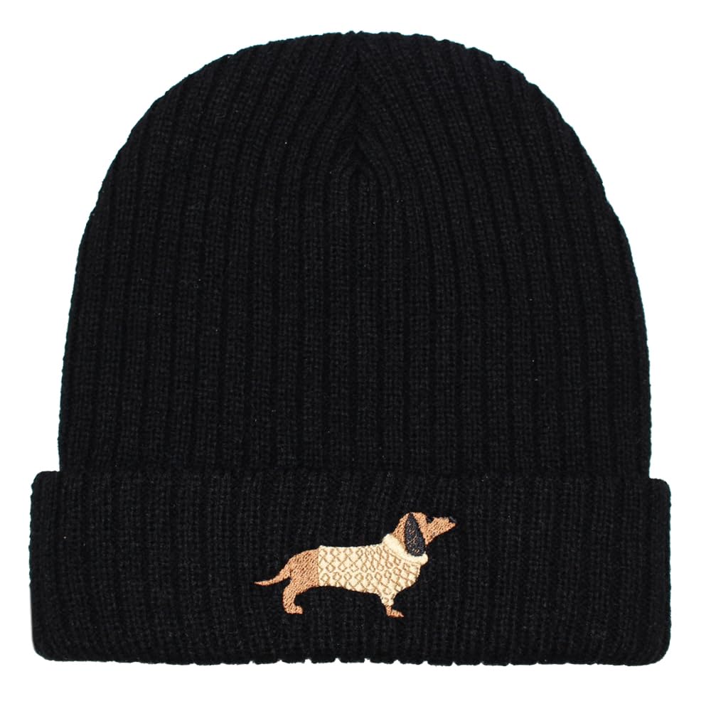 Teddyt's Women's Black Embroidered Dachshund Sausage Dog Rib Knit Fleece Lined Beanie Hat (Acrylic, )