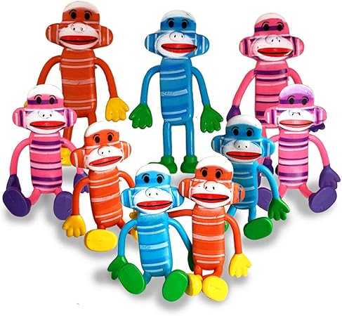 ArtCreativity 4 Inch Bendable Sock Monkey Toys - Set of 12 - Flexible Plastic - Birthday Party Favors for Boys and Girls - Stress Relief Fidget Toys for Kids