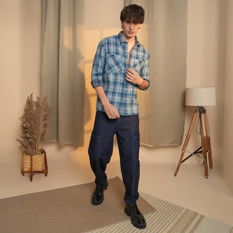 Image of CAHOOT Men's Gingham Shirt | Casual Wear | Spread Collar | Long Sleeve | Button Closure | Shirt Crafted with Comfort Fit for Everyday Wear