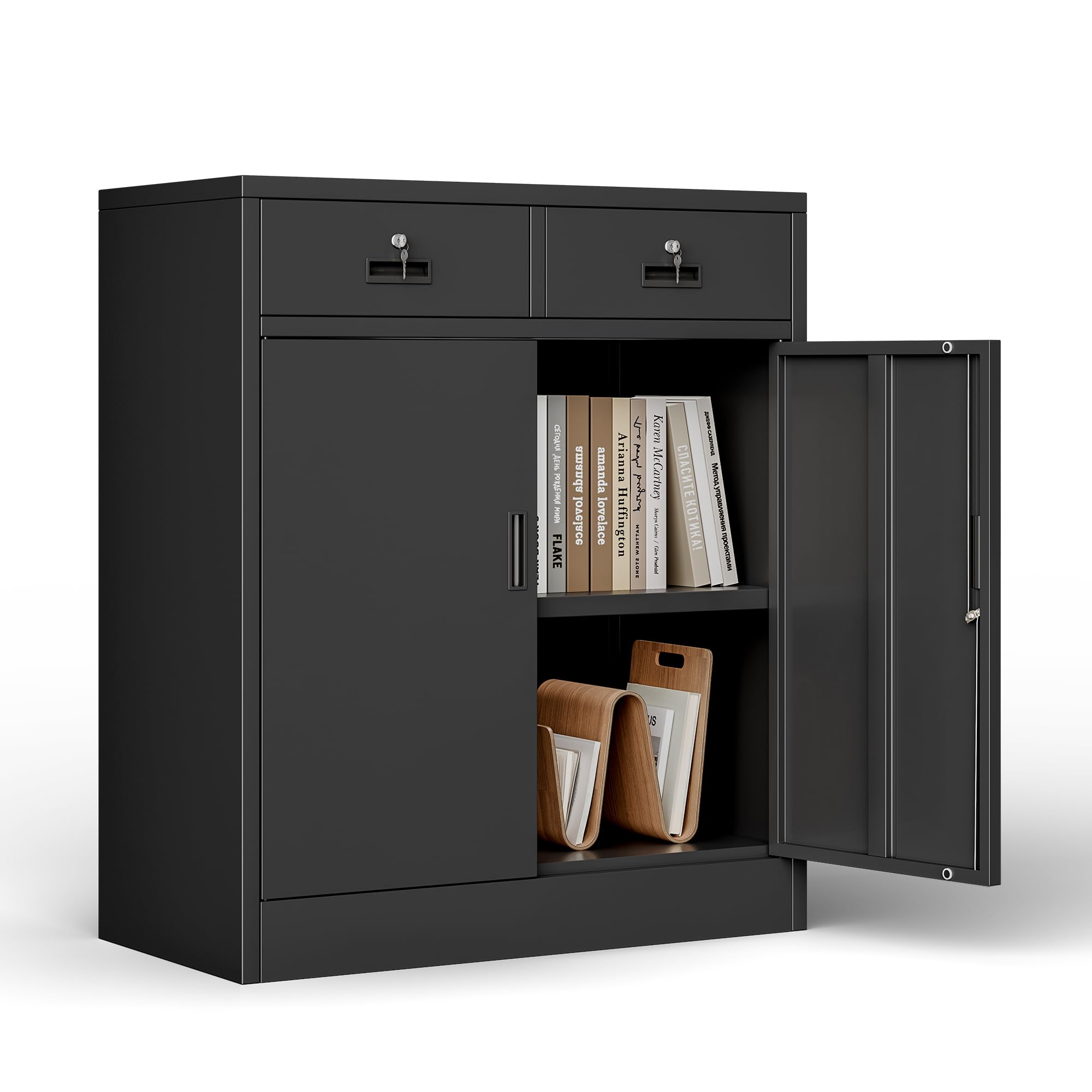 CJF Metal Storage Cabinet, Locking Cabinet with Adjustable Shelf and 2 Drawers, Metal Cabinets for Office, Home, Garage 36" H x 32" W x 16" D (Black)