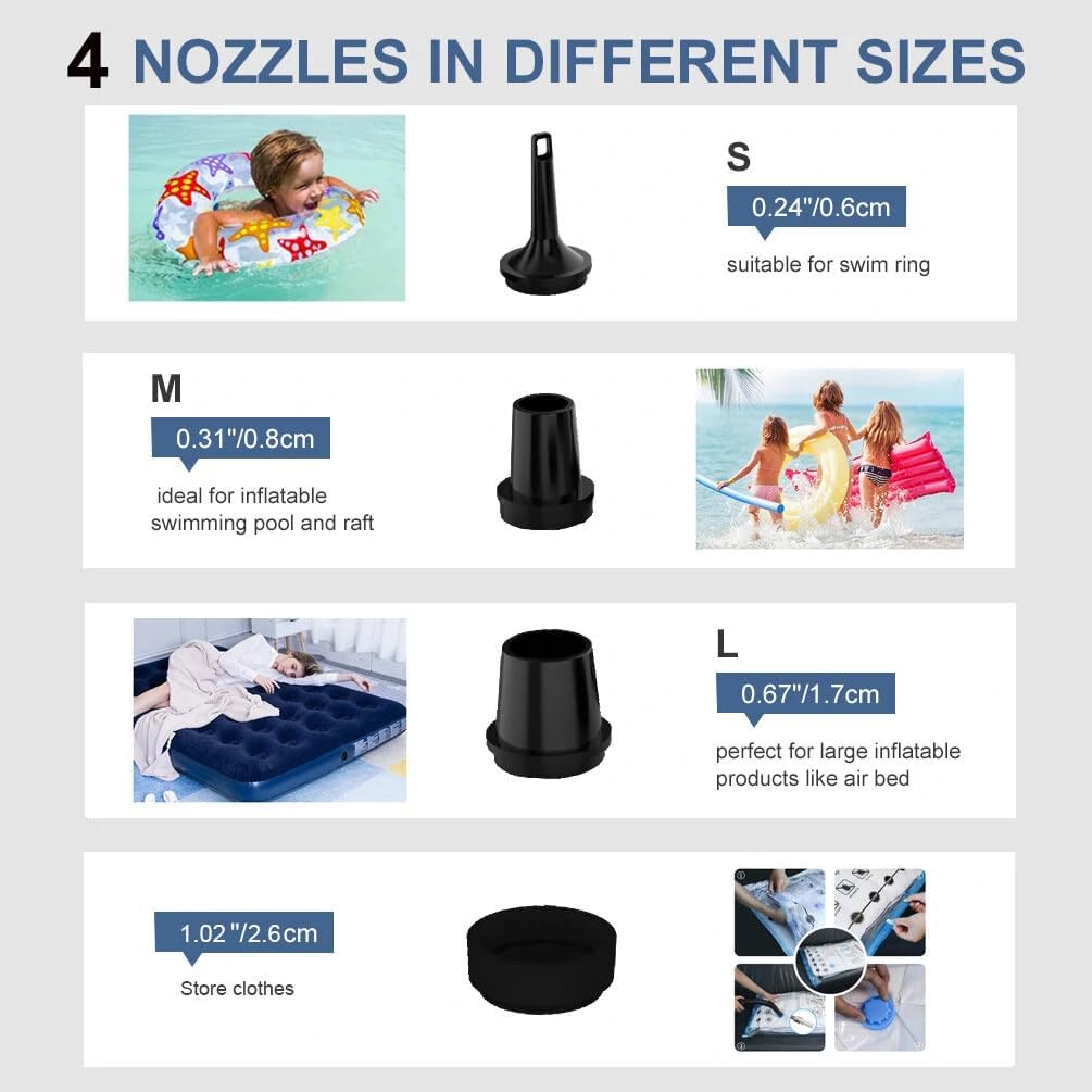 3600mAh Mini Inflator Pump Electric Air Pump with 4 Nozzles Inflator Deflator USB Rechargeable Small Pump for Air Mattress Camping Bed Pool Toys