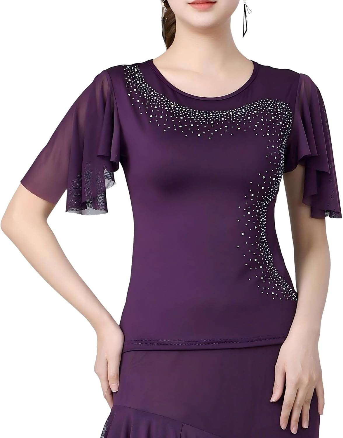 Women's Latin Dance Costume with Rhinestone Flared Sleeves, Stage Performance Ballroom Dancing Tops