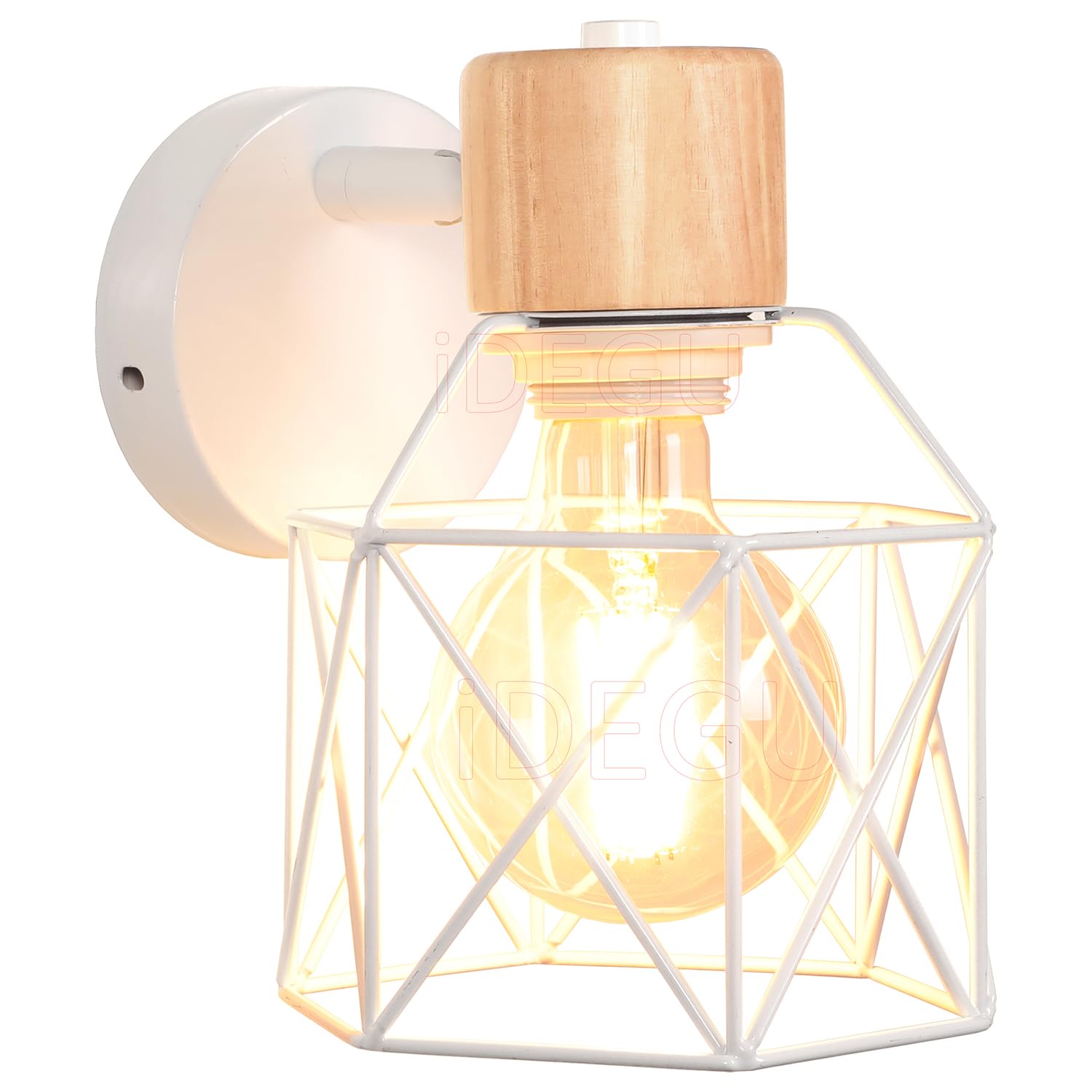 iDEGU Industrial Wall Light Metal Cage Design Wood Wall Lamp Adjustable Vintage Indoor Wall Sconce E27 Ceiling Light for Bedroom, Hallway, Living Room (15cm, Type A, White, 1 Pack) โ image 1