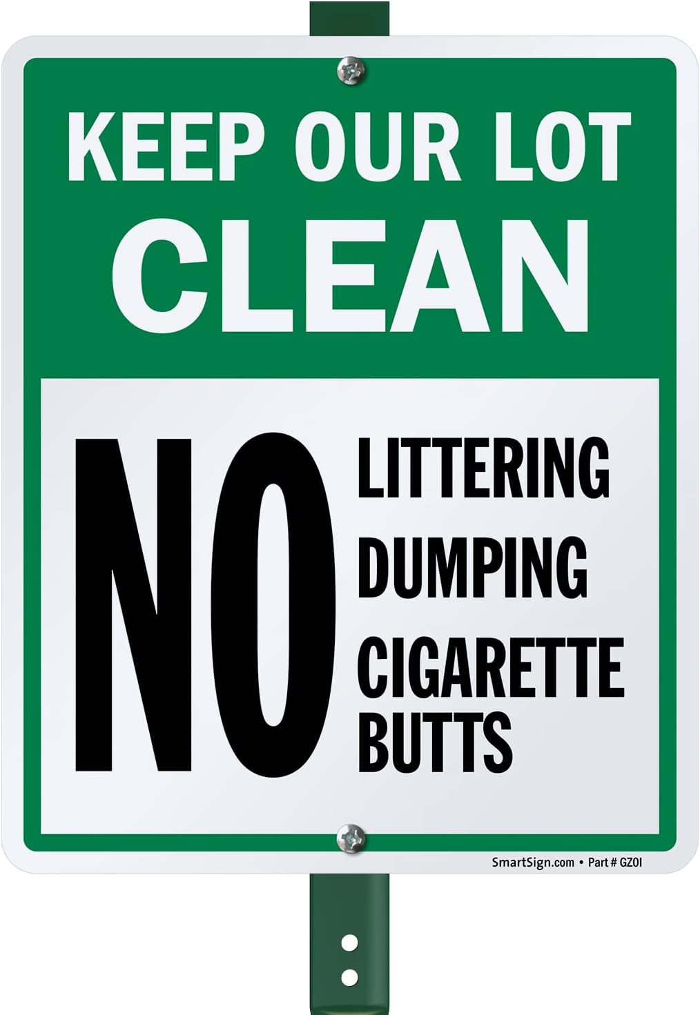 SmartSign 12" x 10" 'Keep Our Lot Clean No Littering No Dumping No Cigarette Butts' LawnBoss Yard Sign with 3 ft Stake, 40 mil Laminated Aluminum, Green, Black and White, Set of 1, USA-Made