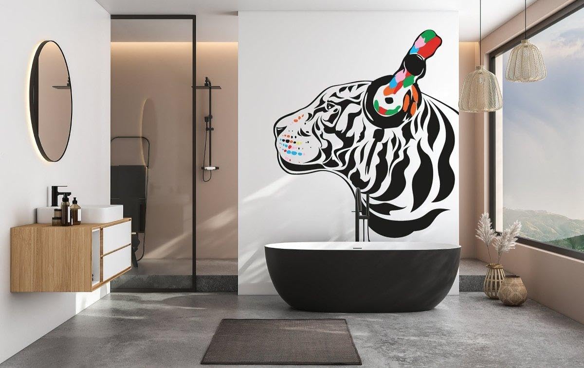 Decalcomania da parete in vinile, motivo: tigre DJ ispirata alla musica, per pareti, 63 x 55 cm, colore: bianco