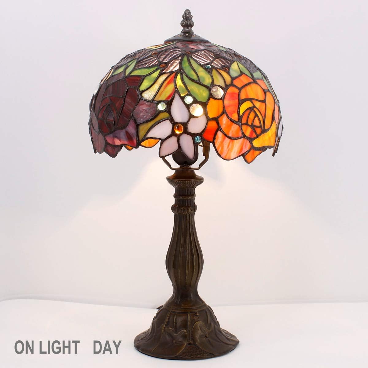 WERFACTORY Tiffany Style Table Lamp Stained Glass Bedside Lamp Red Rose Desk Reading Light 10X10X18 Inches Decor Bedroom Living Room Home Office S001 Series