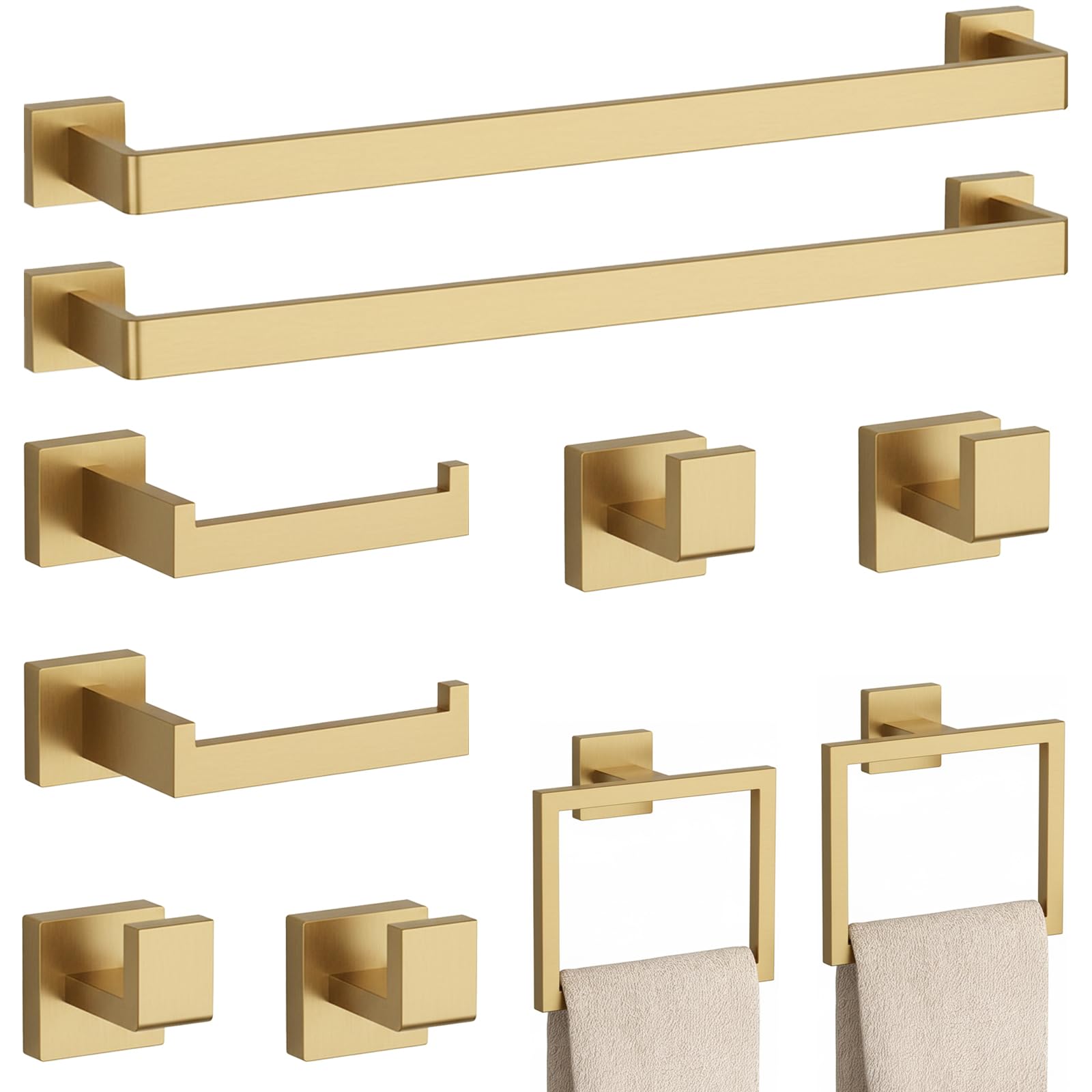 10-Piece Brushed Gold Bathroom Accessories Set – 23.6" Towel Bar, Towel Ring, Toilet Paper Holder & Hooks, Wall Mounted Bathroom Hardware, Rust & Corrosion-Resistant, Ideal for Modern Bathrooms