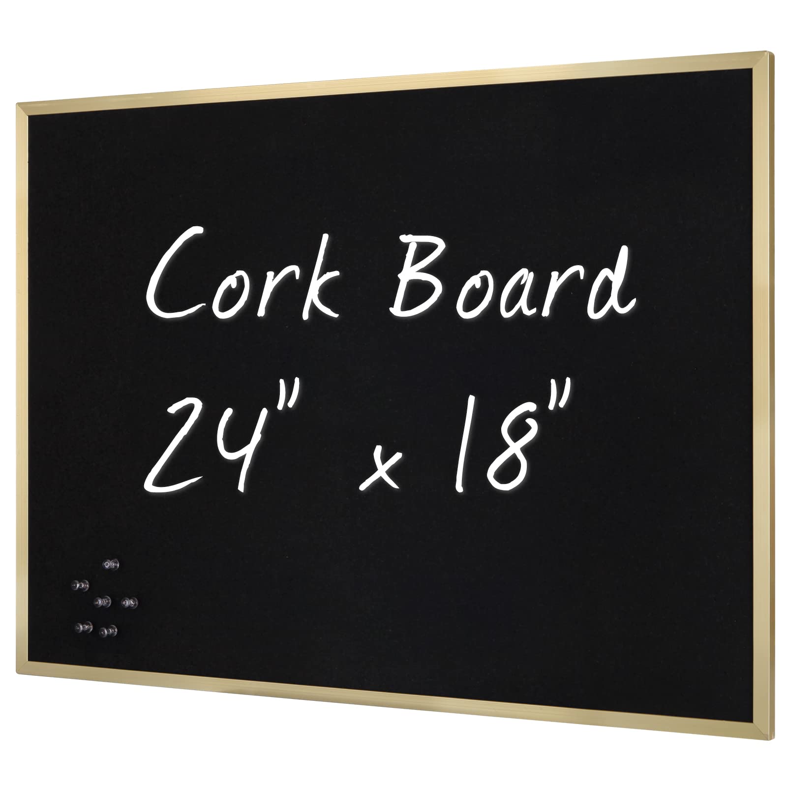 INNOVART Black Cork Bulletin Board 24" X 18" with 10 Push Pins, Corkboard with Gold Aluminum Frame, Black Cork Notice Board Message Board, Framed Pin