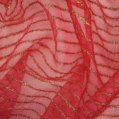 TELA DE ORGANZA LAMÉ DE LISTAS DORADAS SERIE BALROG, ANCHO 150cm (1 METRO, ROJO)