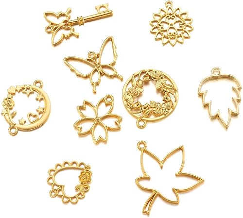 Vista 11 de Dijes de bisel de espalda abierta de estilo surtido, colgantes de marco hueco de metal, dijes de flores prensadas para hacer joyas de resina UV DIY