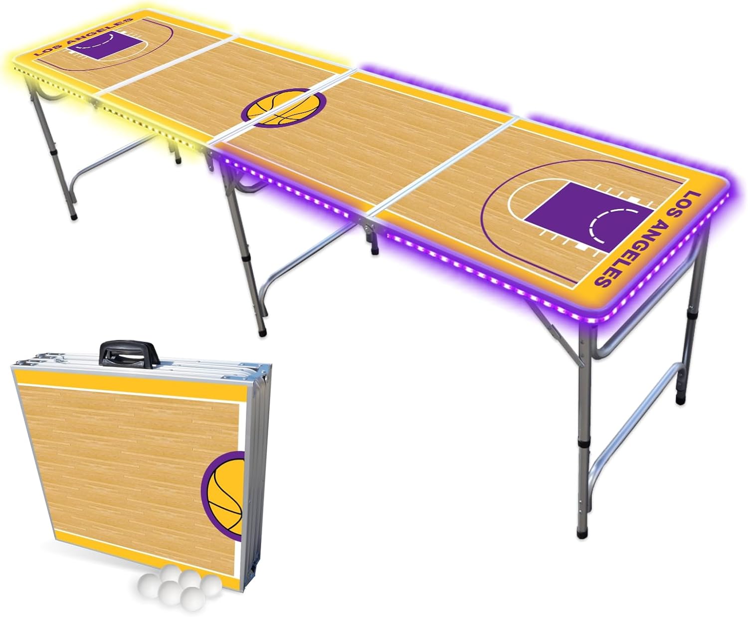 8-Foot Folding Portable Pong Table w/Optional Cup Holes & LED Lights - Los Angeles Lakeshow Basketball Court (Choose Your Model)