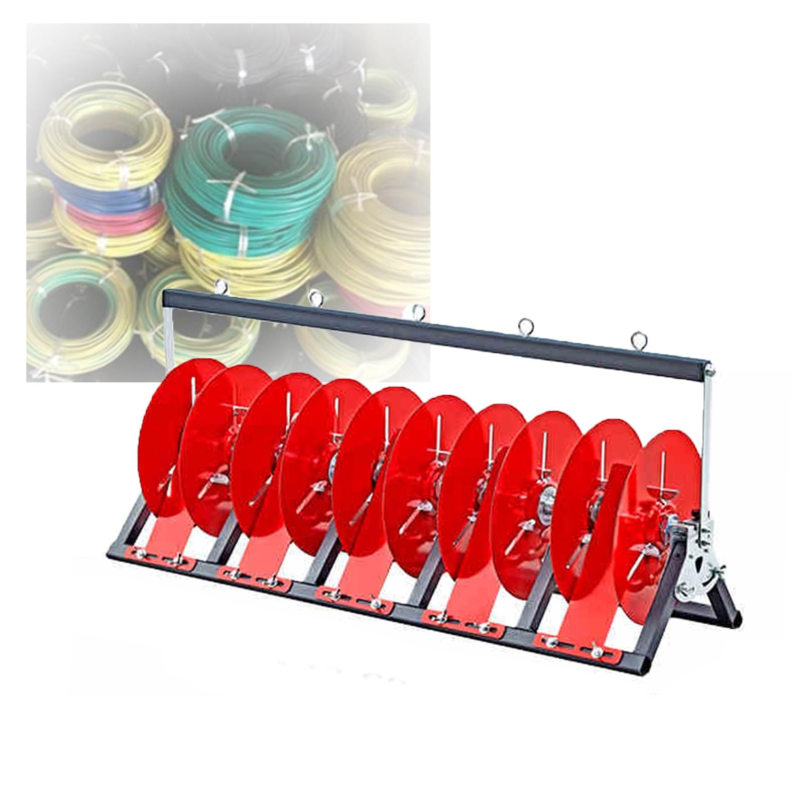 Soporte divisor de cables con guía suave para evitar enredos en bobinas y mangueras de taller