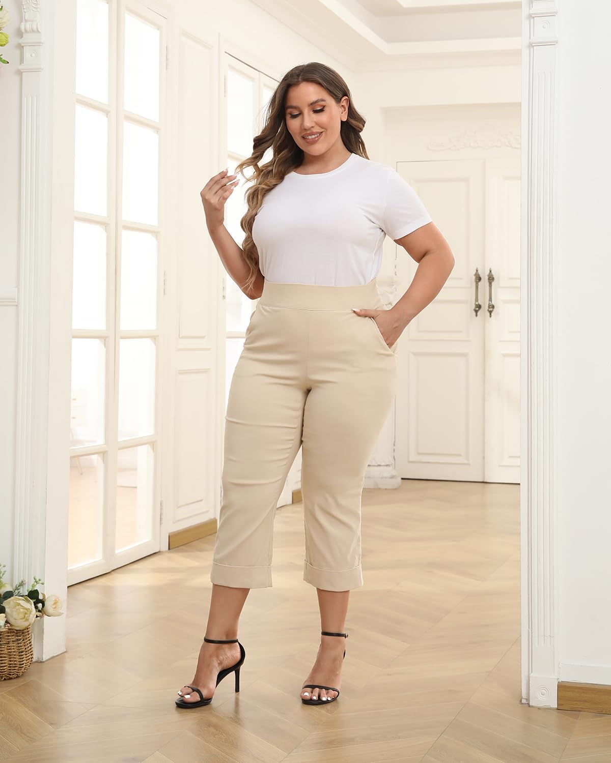 Plus Size Pull On Capri Pants for Women Elastic Waist Work Casual Dress Cropped Pants with Pockets & Cuff - Image 3