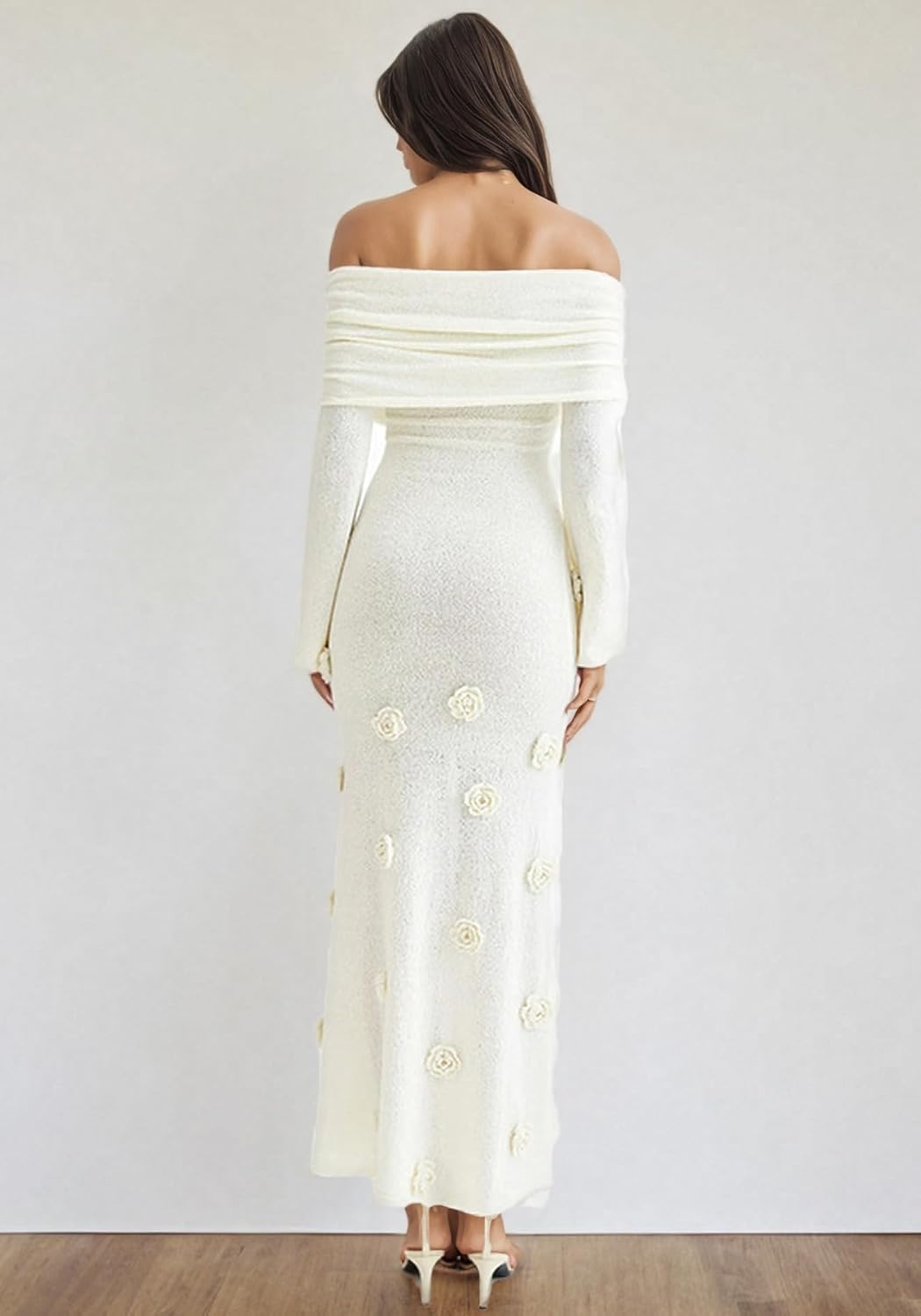 LETSVDO Women's Off The Shoulder Crochet Maxi Dress Long Sleeve Bodycon 3D Floral Knit Mesh Sweater Sexy Party Dresses - Image 3