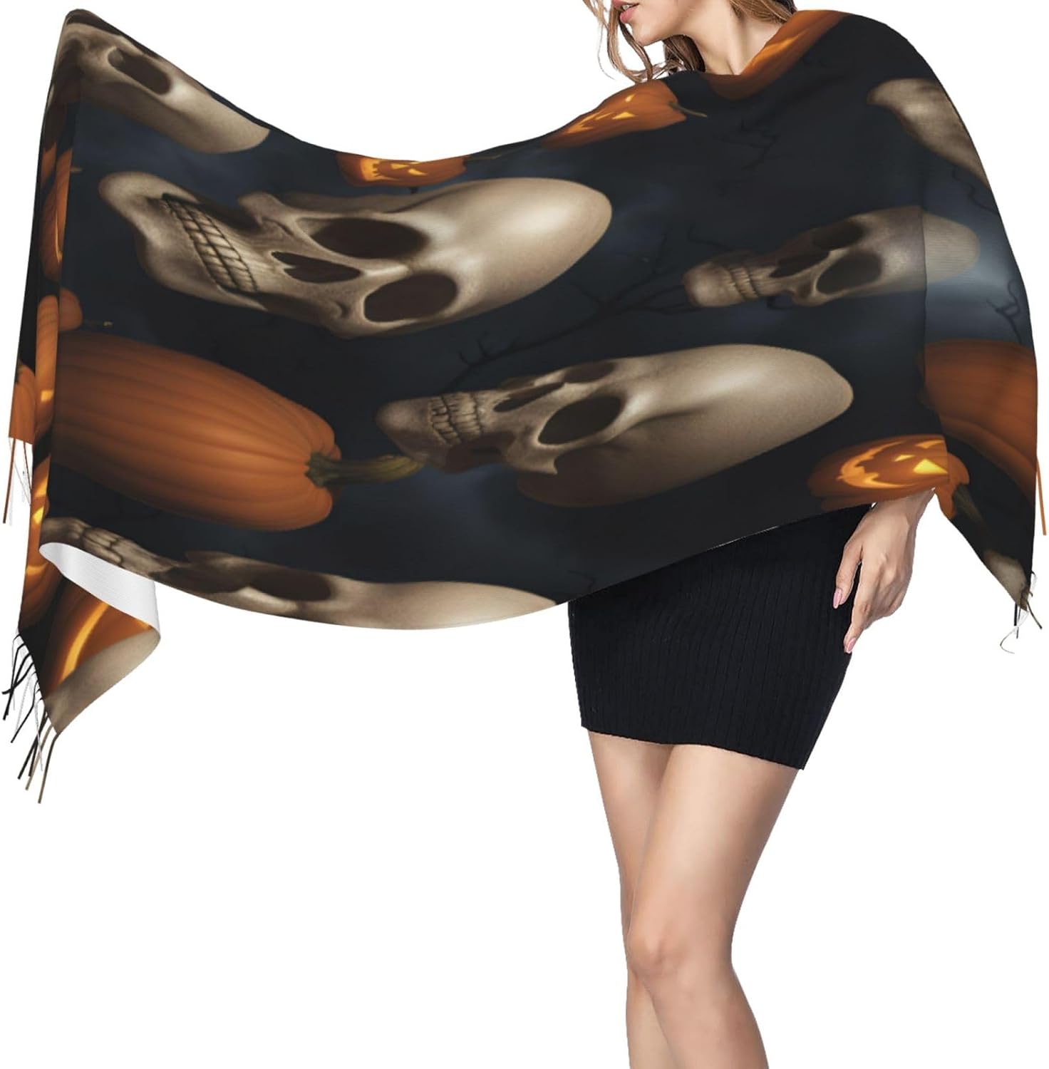 Halloween Skull Print Winter Polyester Scarfs For Women Fashion 77x27 Inch Scarves Shawls Wayfarer Gift