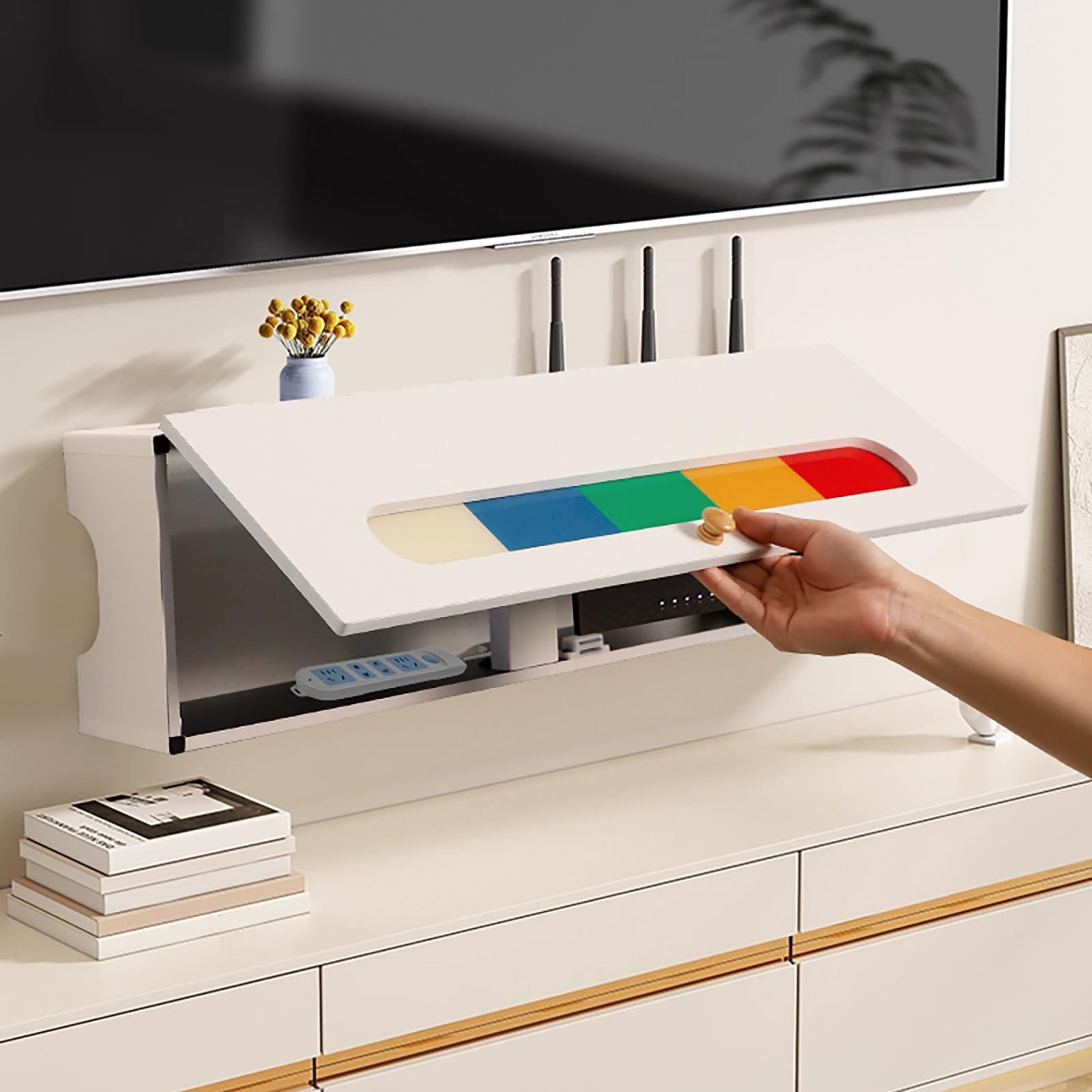 Support mural pour routeur WiFi avec multiprise et organiseur de câbles – Design robuste pour une forte capacité de charge, idéal pour une utilisation à la maison et au bureau