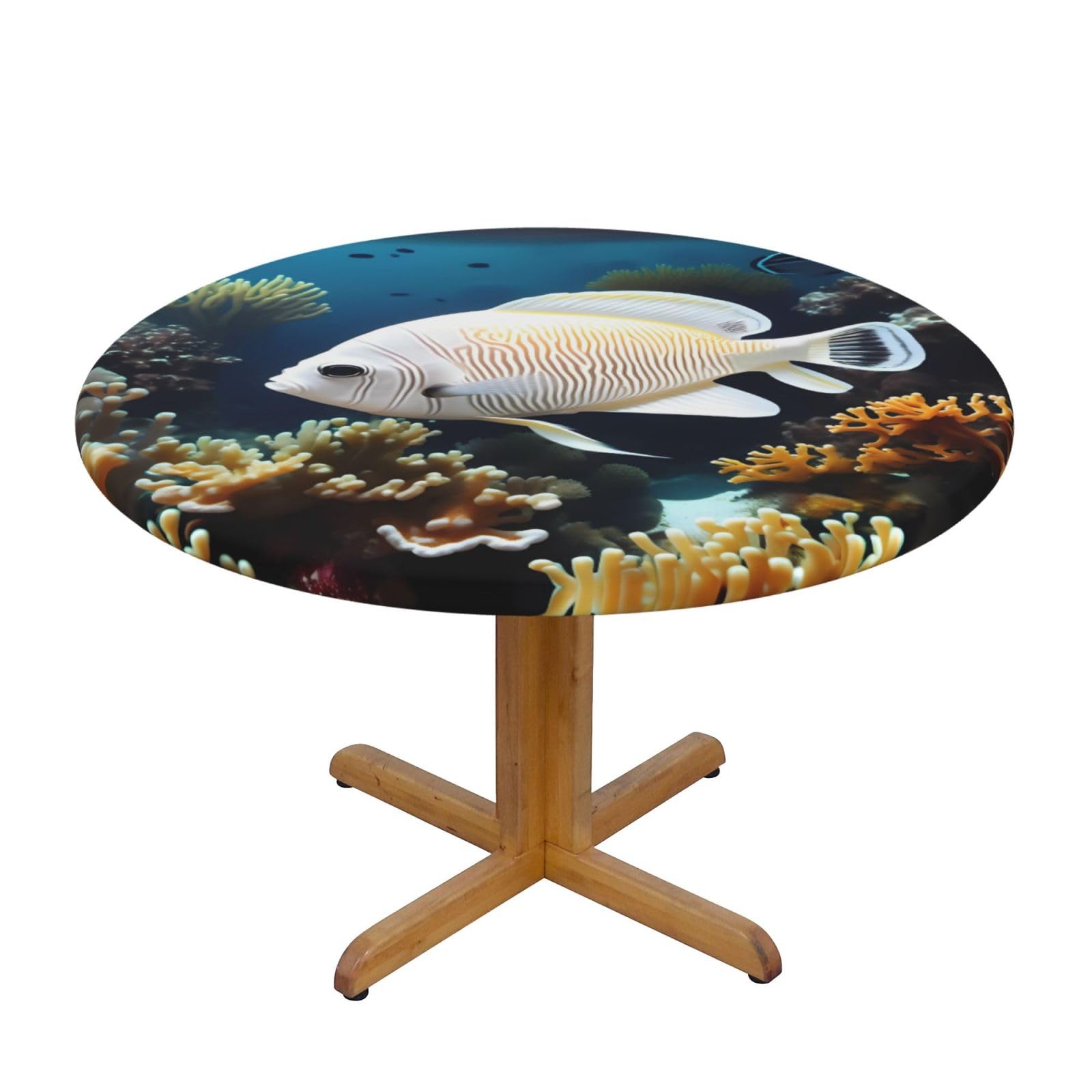 ZQYTGFDC White-golden fish S Decorative Round Tablecloth Waterproof Anti Stain Oil Proof Size for 40 50 inch