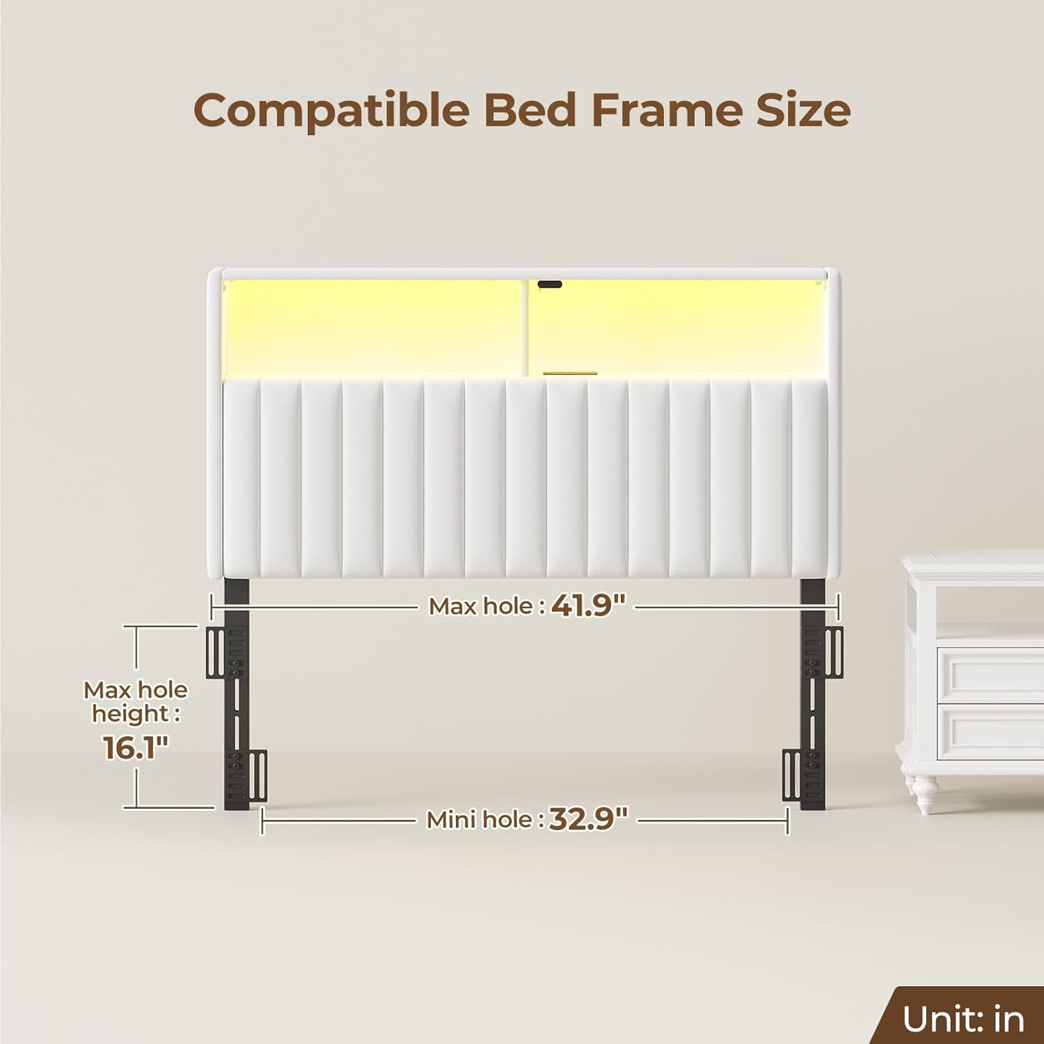 Rolanstar Headboard for Twin Size Bed with Storage, Head Board with USB & Type C Port, 60,000 DIY Color of LED Light, Velvet Upholstered, Height Adjustable, Sturdy, Easy Assembly, White
