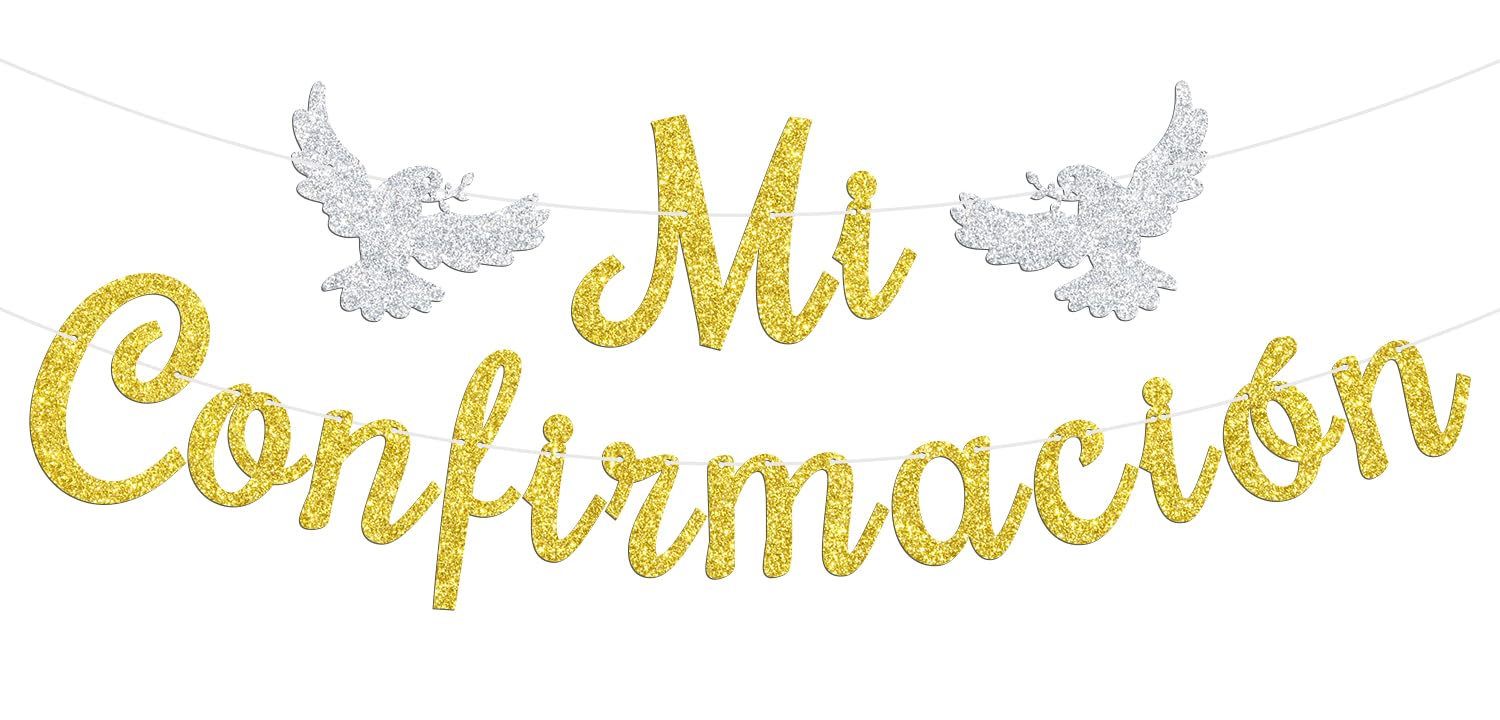 Mi Confirmación Banner, Spanish First Holy Communion, Religious 1st Birthday, Christening Baptism Baby Shower Party Decorations Supplies, Gold Glitter