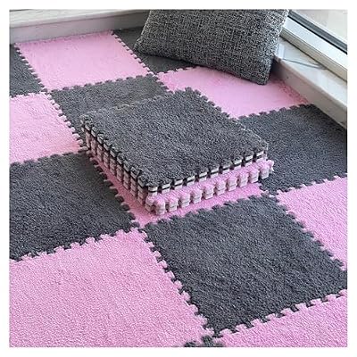 DSJBGSS Playmat 10 Pcs Plush Foam Floor Mat with Border, Fluffy Carpet Squares, Shaggy Interlocking Carpet Tiles, Area Rug Puzzle Play Mat for Parlor Bedroom(Gray+Pink)