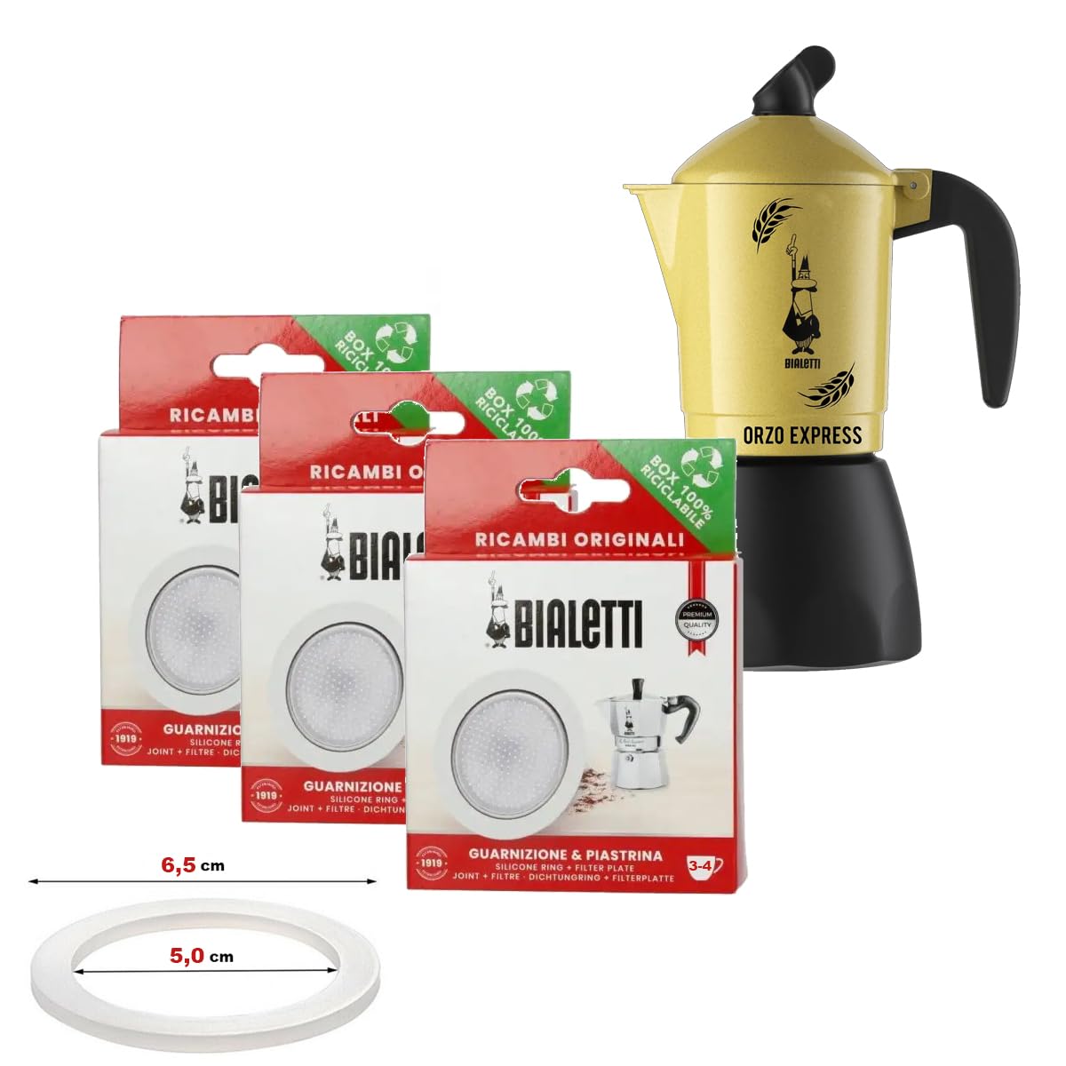 BIALETTI set di 3 Confezioni con 3 Guarnizioni e 3 Piastrine Filtro per Moka Induction, Orzo Express e Brikka | Scegli il formato