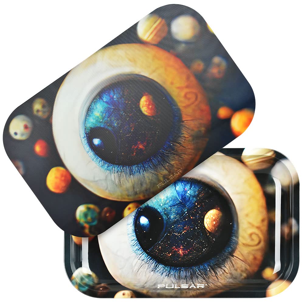 Pulsar Metal Rolling Tray & 3D Lid Bundle, 11"x7", Planet Watcher Design, Abstract Cosmic Galaxy Art, for Storage & Organization