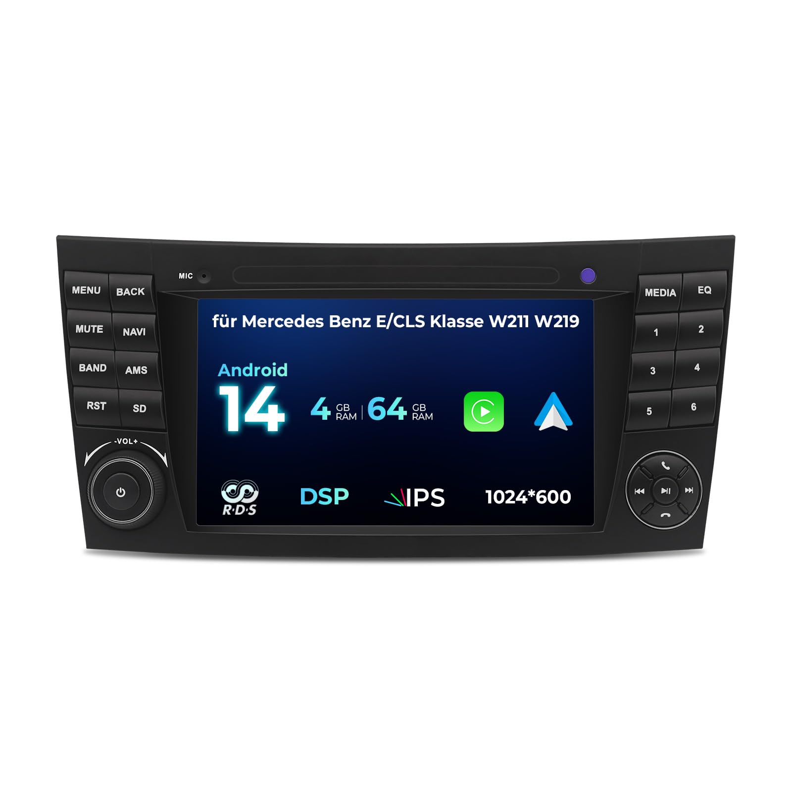 Mercedes Benz E-Klasse W211 G-Klasse W463 CLK W209 CLS W219 Autoradio mit Apple CarPlay Android Auto,7 pollici IPS Touchscreen Android 14.0 Bluetooth für Auto mit GPS Navi WiFi Am/FM (4+64G)