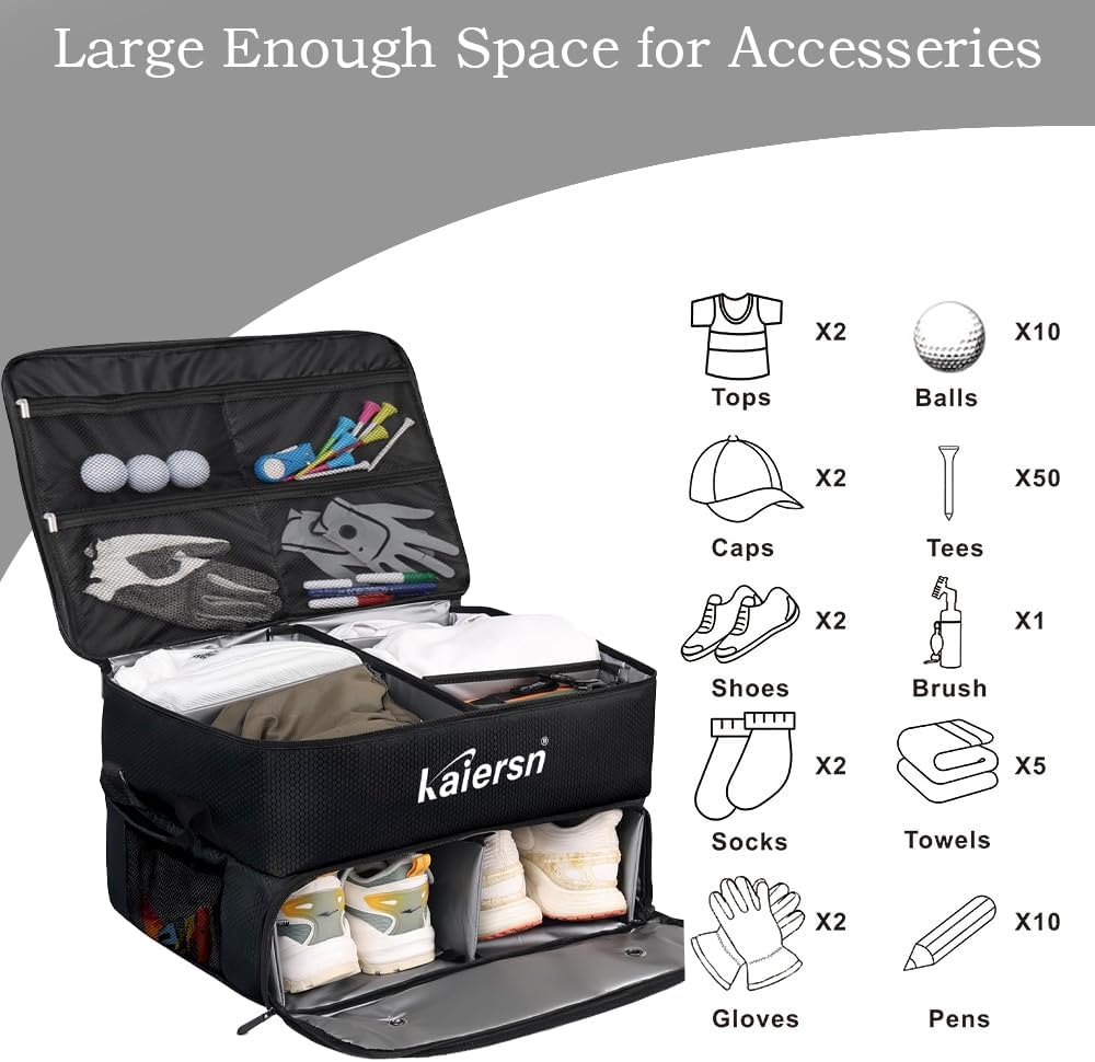 2 Layer Golf Trunk Organizer, Waterproof Car Golf Locker with Separate Ventilated Compartment for 2 Pair Shoes, Golf Trunk Storage for Balls, Tees, Clothes, Gloves, Accessories, Golf Gifts