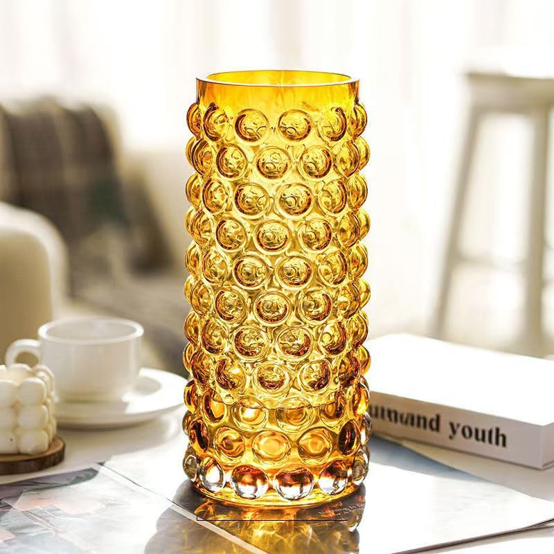 Unique Large Bubble Gold Glass Cylinder Vase-11 inch Tall, Flower Ribbed Vase for Living Room, Bedroom, Dinning Table, Office, Wedding, Table, Centerpieces. - Image 2