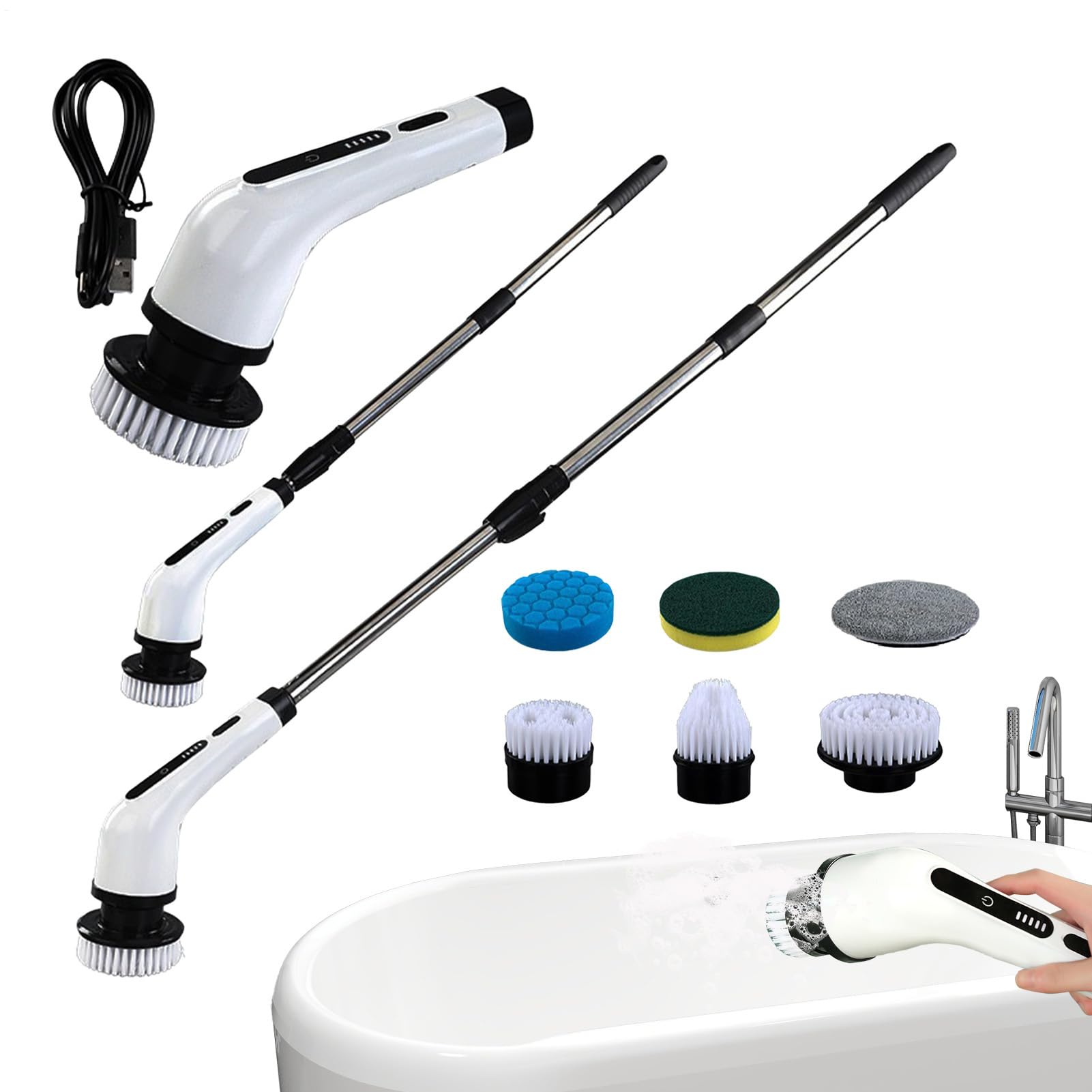 Cepillo Eléctrico Para Limpieza Cepillo Para Con Mango Largo Inalámbrico | Limpiador Para Múltiples Usos Para Baño Ducha Bañera Inodoro Lavabo Cocina Suelo Azulejo Lechada