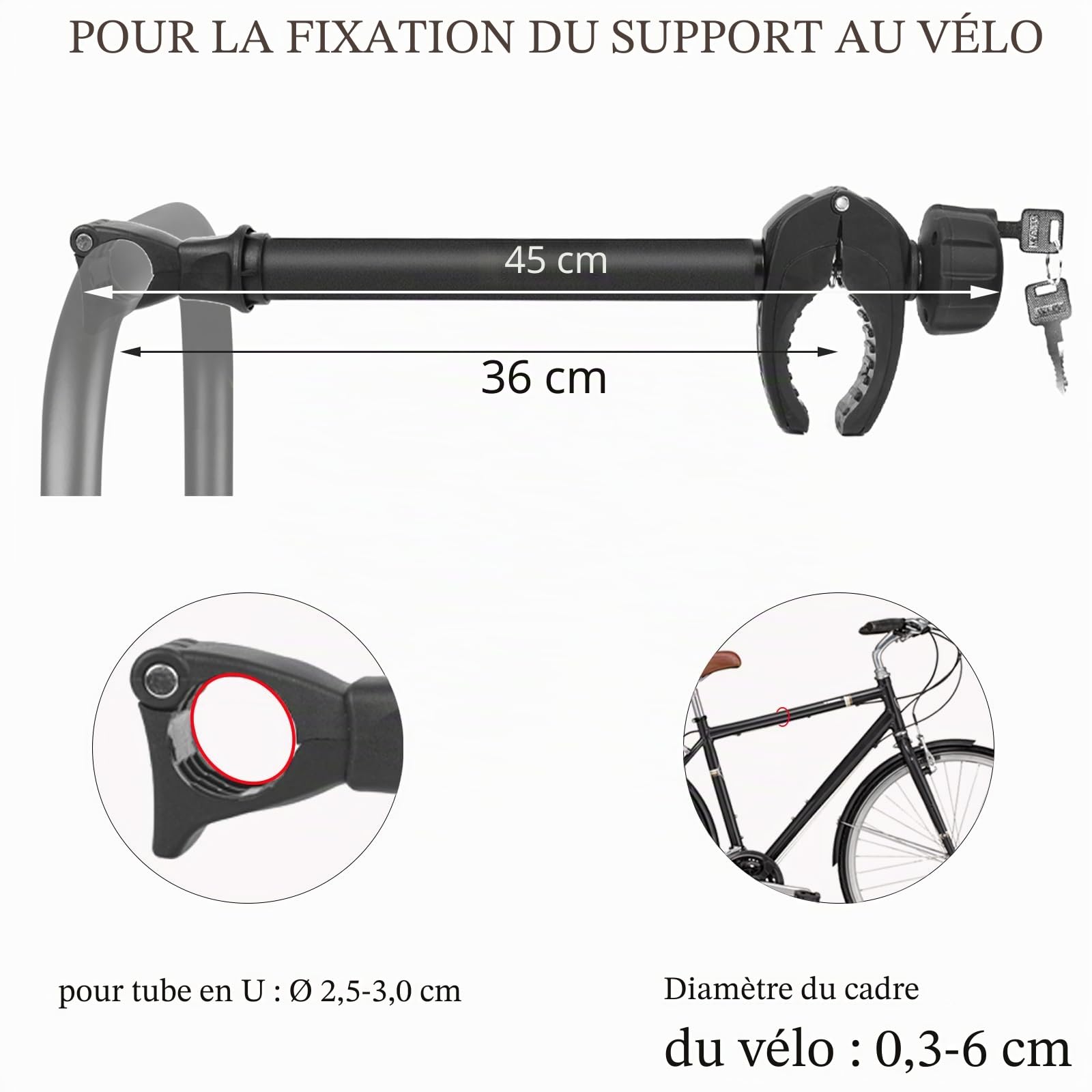 Support de cadre universel pour vélo 45 cm aluminium Ø 30–60 mm verrouillable