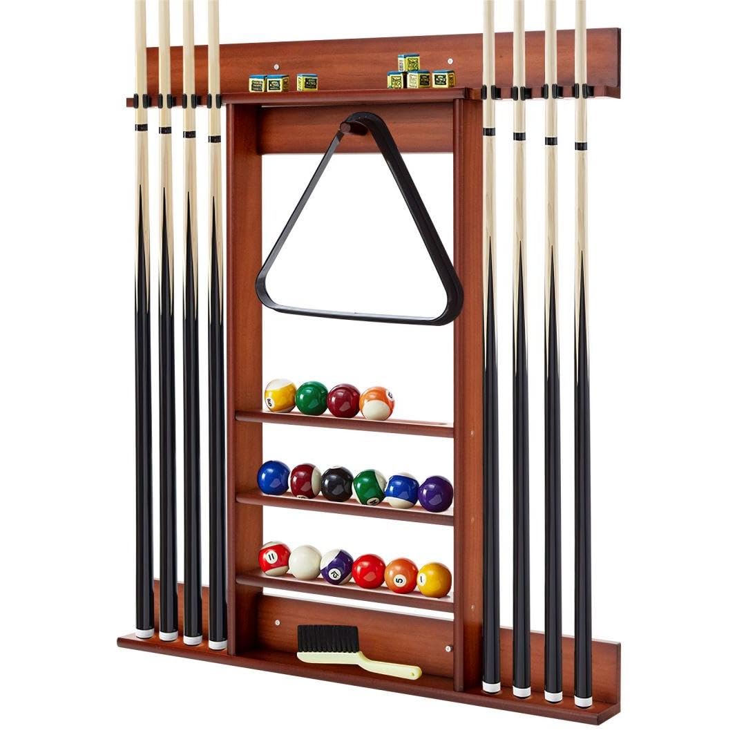 SPOTRAVEL Billiards Pool Cue Rack, Wall Mounted Cue Rack Stand with 3 Tiers Ball Slots & 8 Clips, Billiard Pool Table Accessories for Club (Brown)