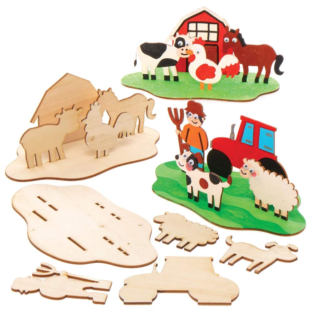 Baker Ross Bastelset „Bauernhof Aus Holz“ – 3D-Szene, 4 Stück, Für Kinder Ab 3 Jahren, Holzbausatz
