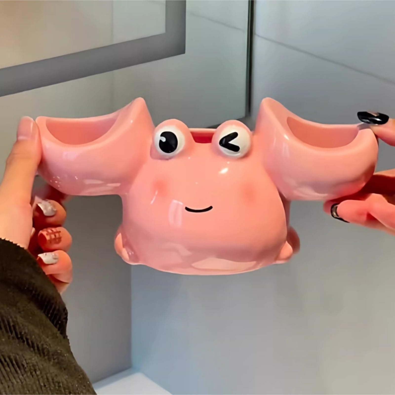 Porta Cepillo Dientes Baño Accesorios De La Encimera del Tenedor Cepillo Dientes Forma Cangrejo Cerámica For El Cuarto Baño Hogar Y Cocina(Pink)