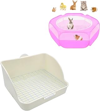 Amakunft Guinea Pig Playpen with Cover, Hamster Playpen with Top, Rabbit Pop Up Playpen with Roof & Pet Small Rat Toilet, Square Potty Trainer Corner Litter Bedding Box Pet Pan