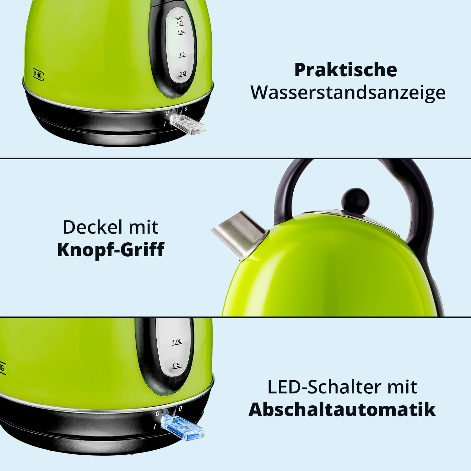 KHG Frühstücksset Wasserkocher Toaster Kaffeemaschine 1,7 Liter 360° Sockel Kalkfilter 6 Röststufen LCD-Display