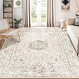 Castage Boho-Teppich, 8'x10', Beige, Waschbar, Rutschfest, Vintage, Bohemian, Synthetischer Gummi, Niedriger Stapel, Maschinenherstellung, Wohnzimmer, Indoor