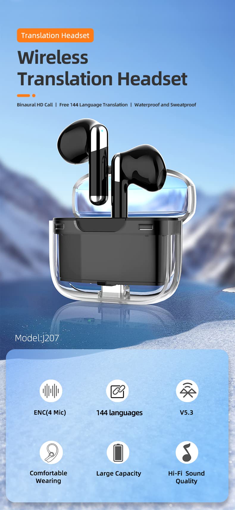 Language Translator Earbuds, Multifunctional Bluetooth Translator Earphone Support 144 Languages, Voice Translation Device, with APP, Transparent Case (White)